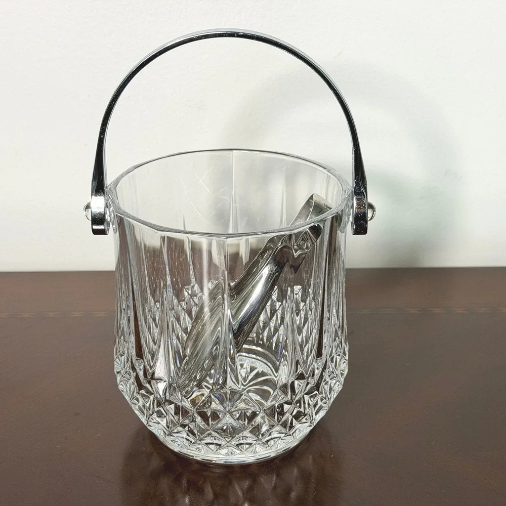 Vintage Cut Crystal Ice Bucket Chrome Handle & Tongs Starburst MCM Barware 5